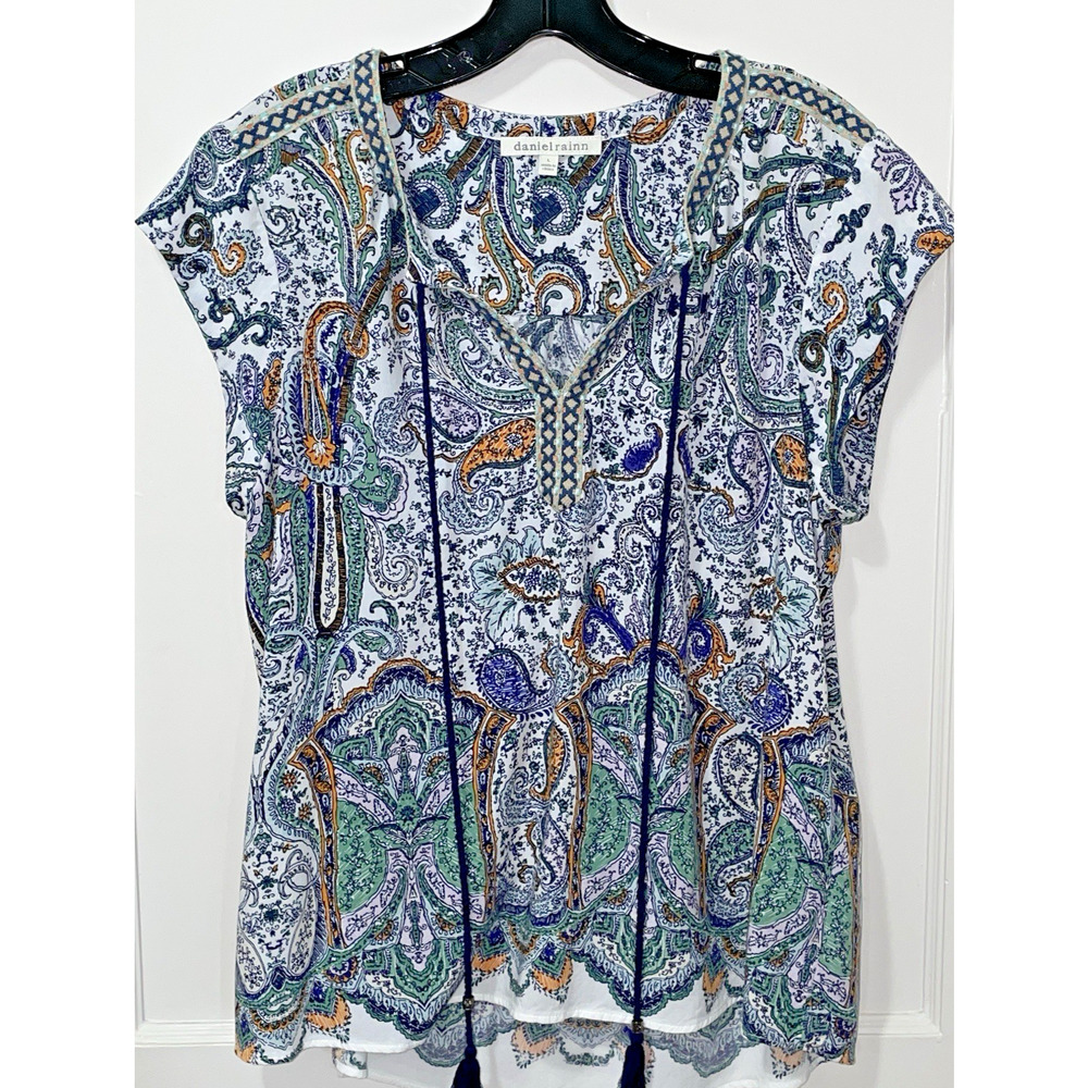 Daniel Rainn Embroidered Tassel V Neck Top Women Geometric Cap Sleeve Sz L Multi
